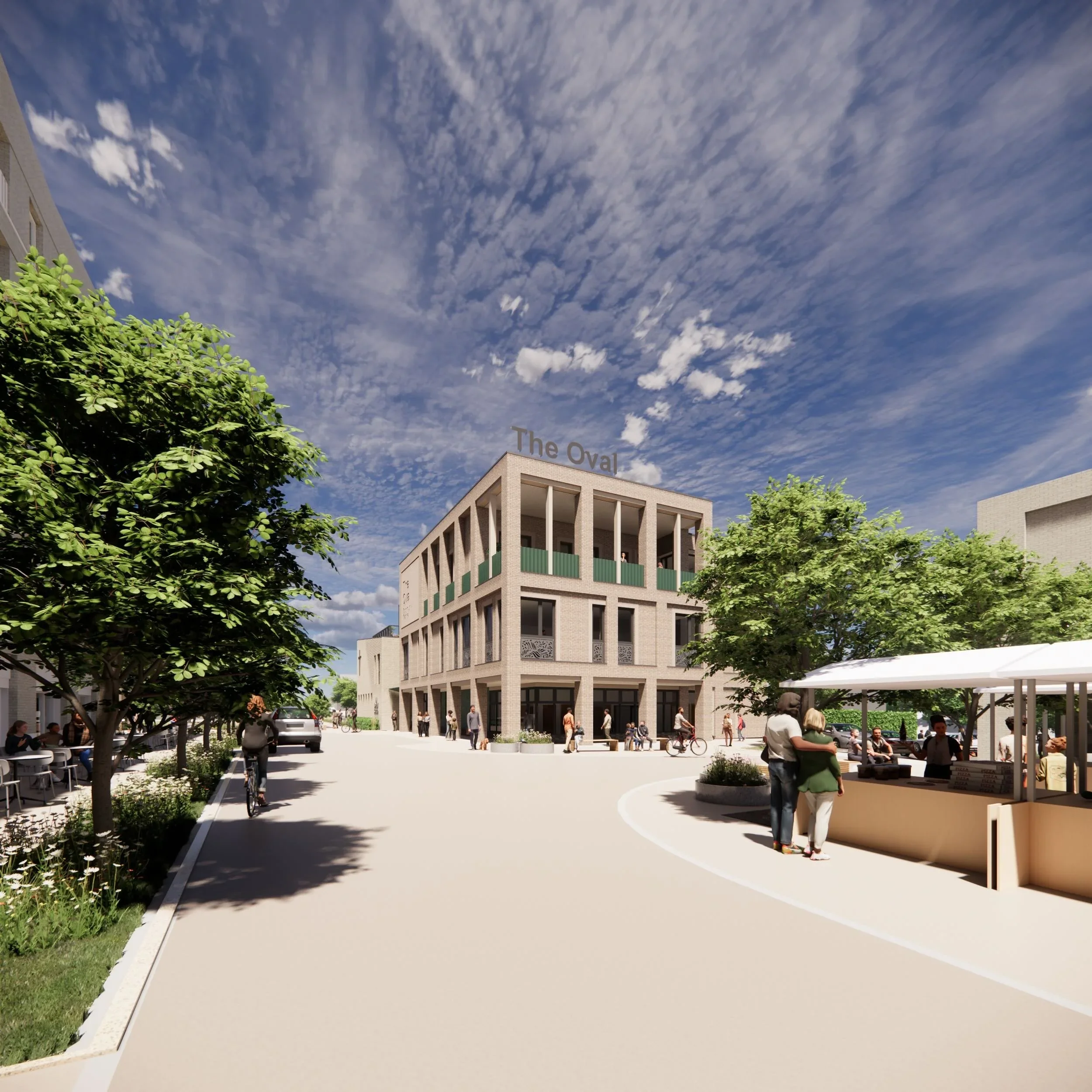 Exterior street view of The Oval Community Centre by Rock Townsend Architects, featuring a multi-story brick building with colonnades.