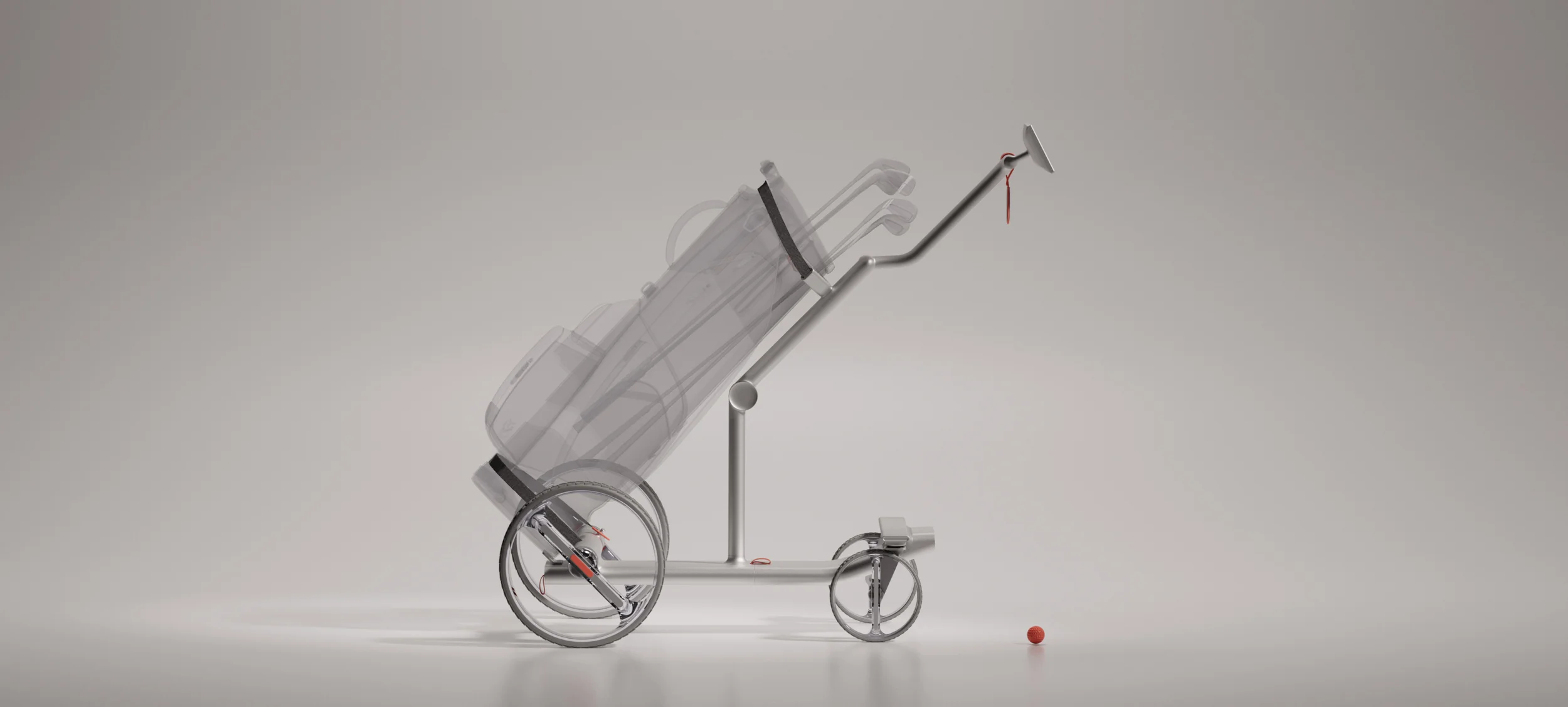 Digital product model of a minimalist self-driving golf trolley carrying a translucent bag against a studio gray background.