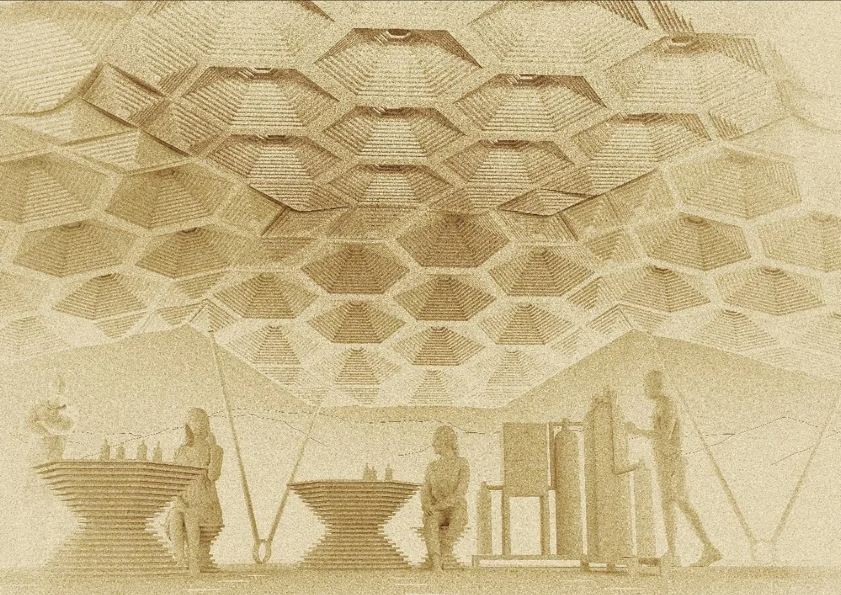 Section drawing by Tonkin Liu showing a layered hexagonal waffle-shell roof canopy above inhabited workspace platforms.