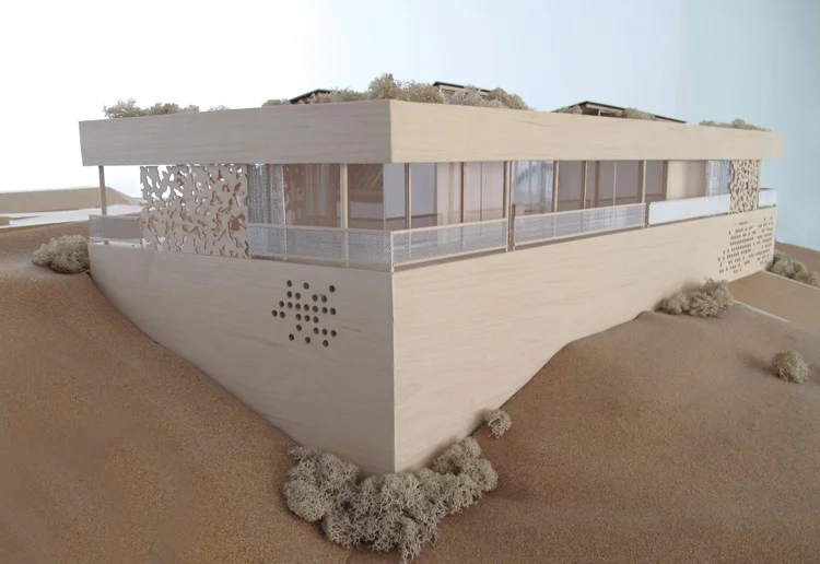 Physical architectural model of a low-rise modern building set into a sloped site by Escher GuneWardena Architecture.