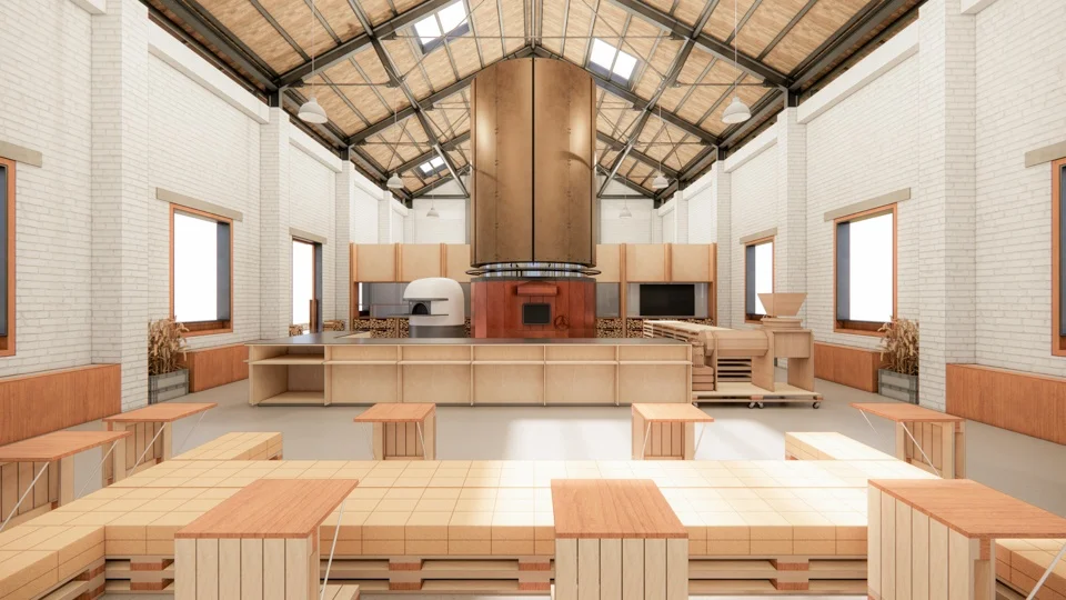 Interior rendering of a rural bakery workshop with exposed timber roof trusses, white brick walls, and custom light-wood furniture by 弹性工作室Tens Atelier.