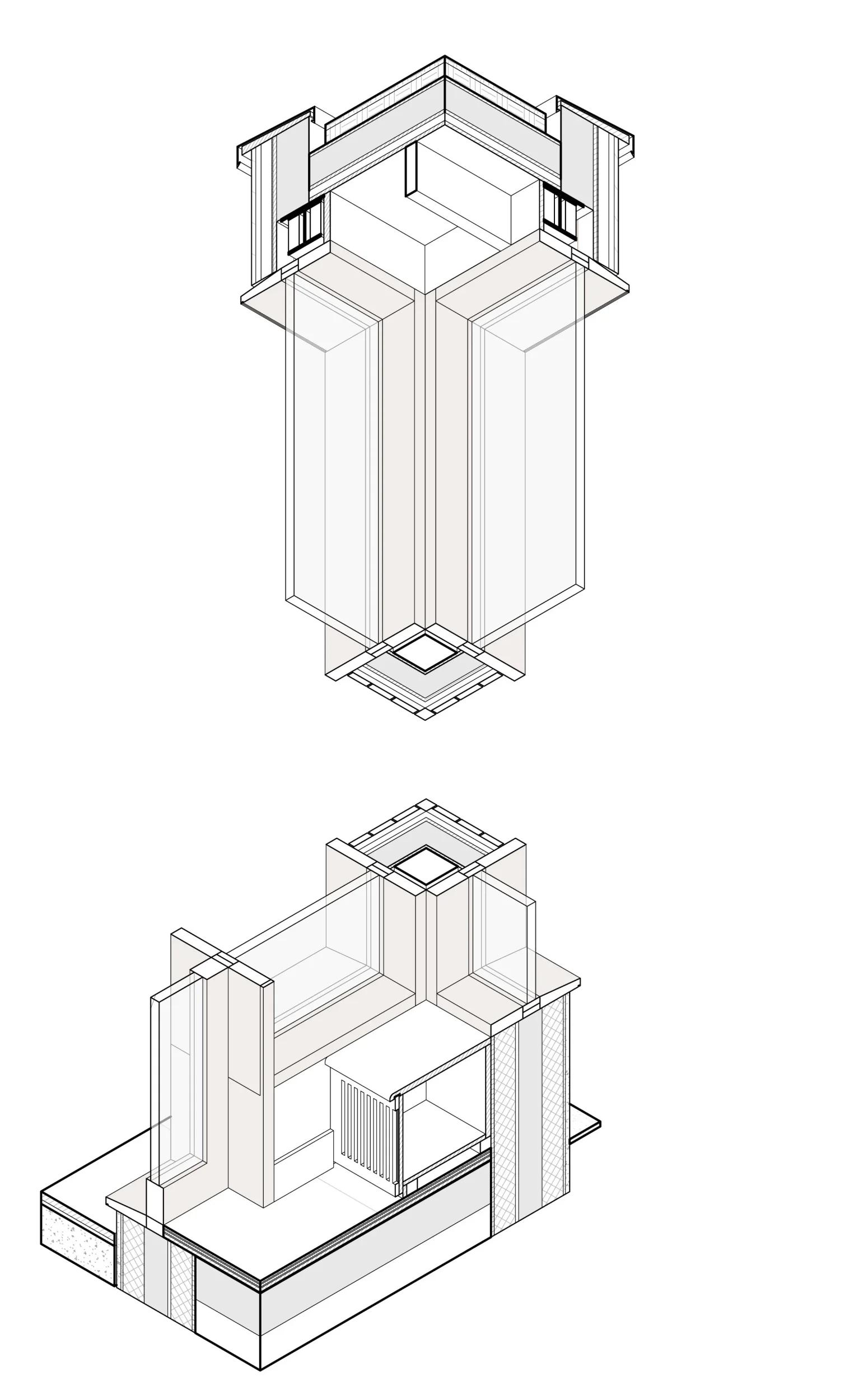 Axonometric architectural drawings showing a suspended glass light monitor and a detailed wall-roof junction by Hassell.