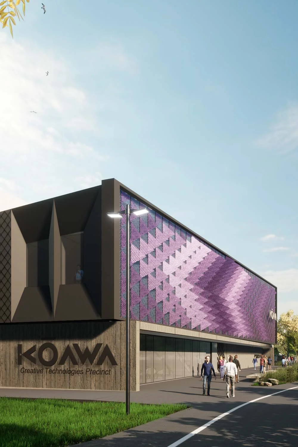 Exterior facade of University of Canterbury Kōawa by Ignite Architects featuring a purple faceted panel screen and black massing.