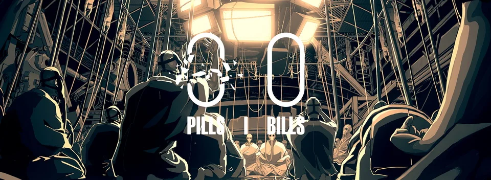Digital concept illustration featuring figures gathered under a suspended industrial structure by PILLS.