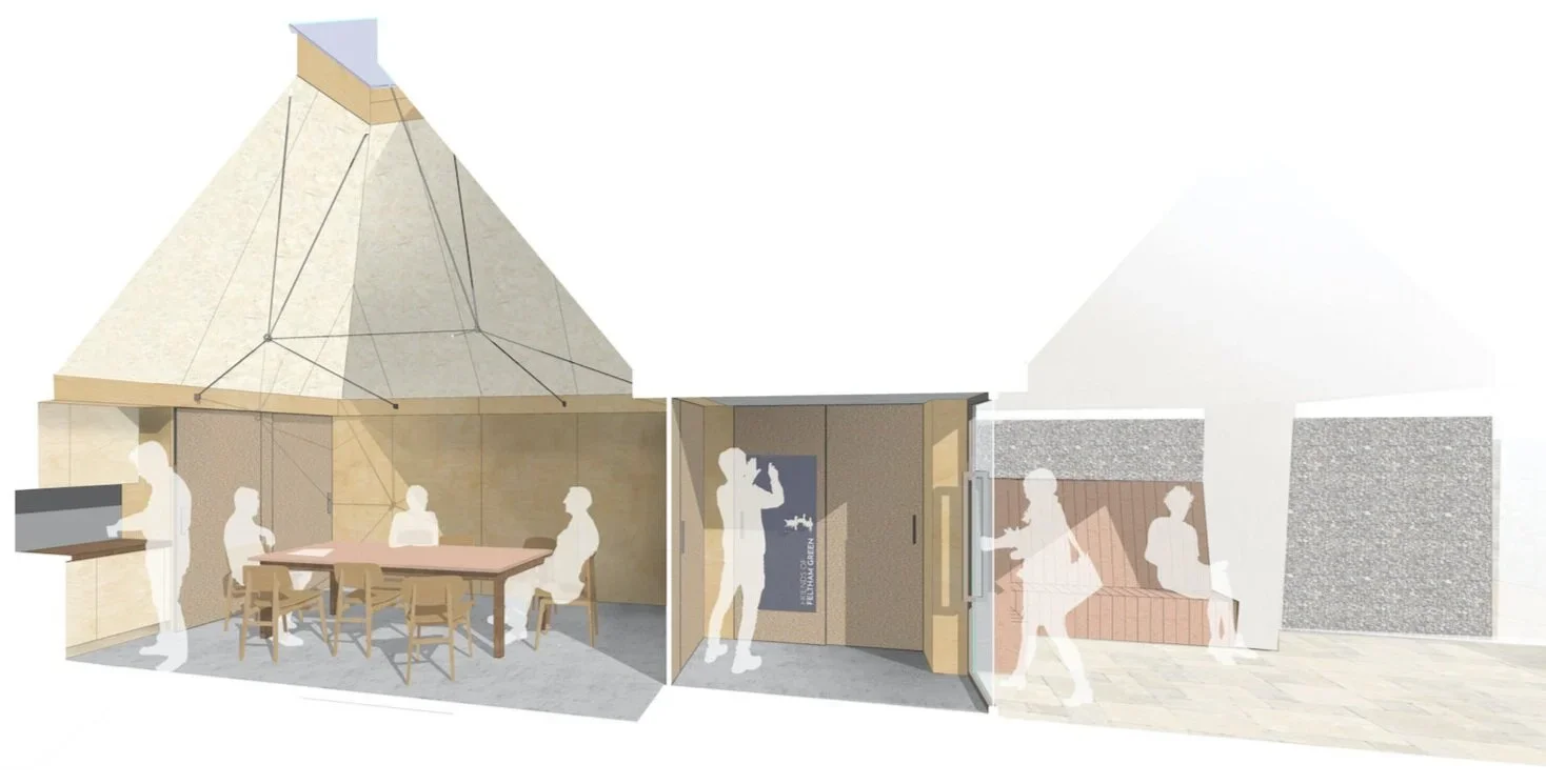Architectural section drawing of Feltham Cabin by Burgess Architects showing interior spaces under a pitched roof.
