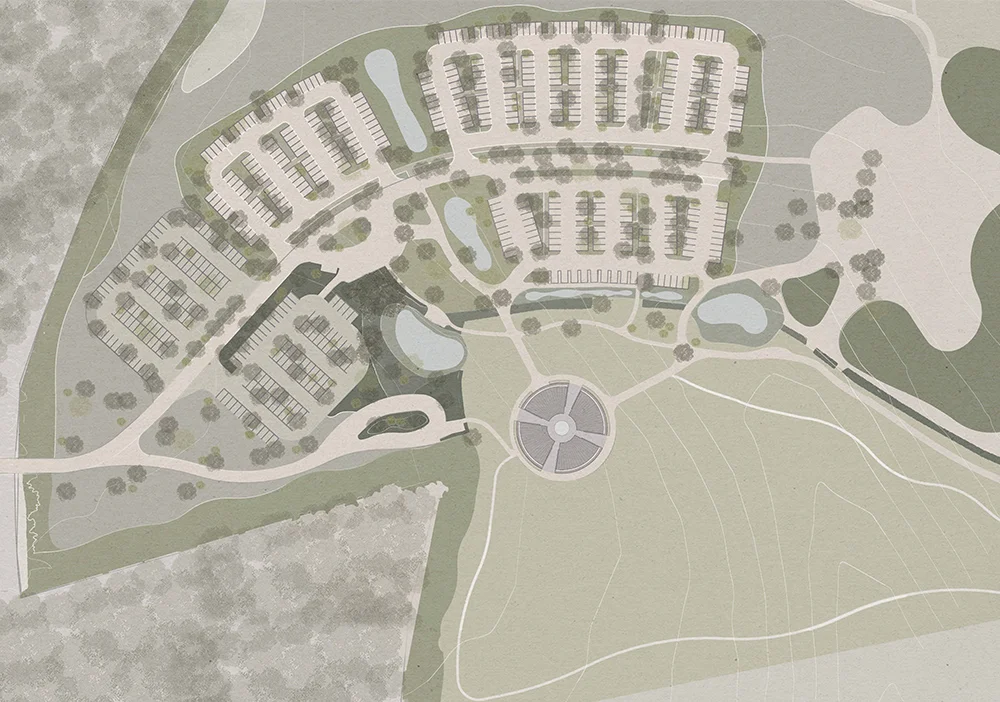 Master plan drawing of Hill Farm by Napier Clarke Architects showing terraced parking bays, landscape paths, and a circular amphitheater.