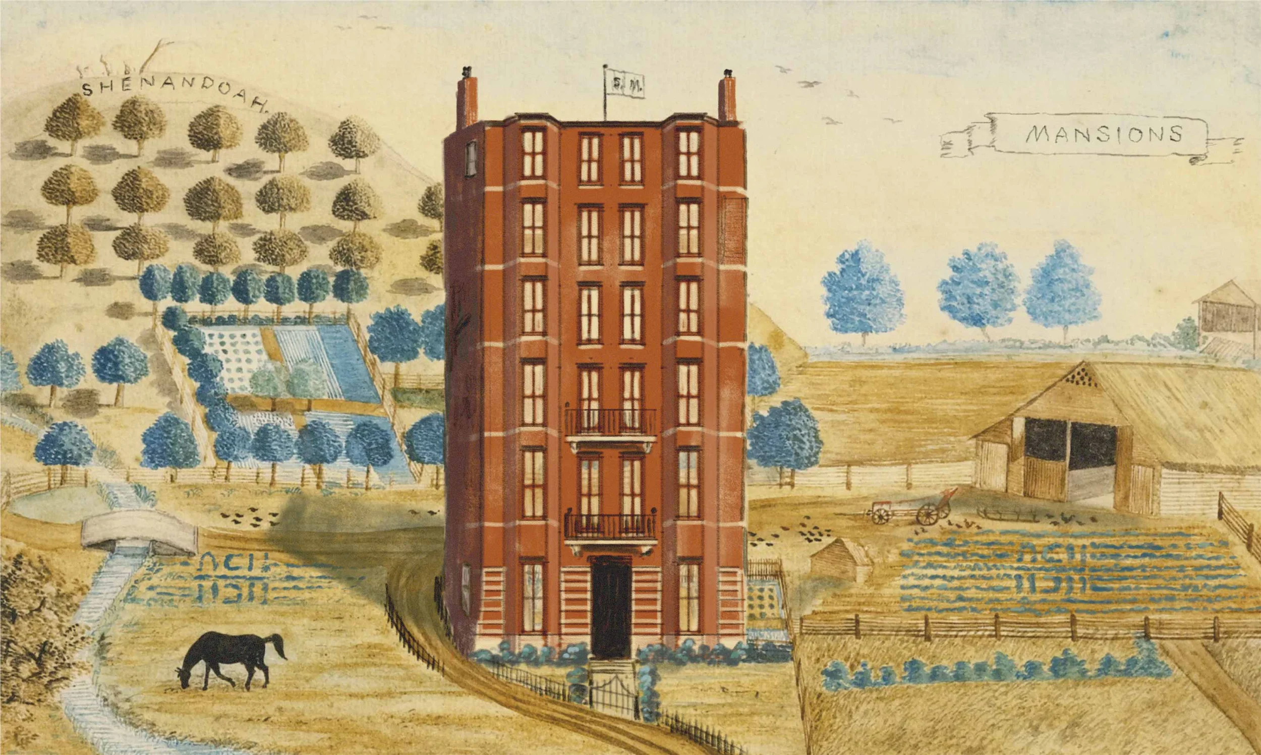 Historical watercolor illustration of a tall red brick apartment building labeled Mansions set in a rural landscape near Shenandoah.