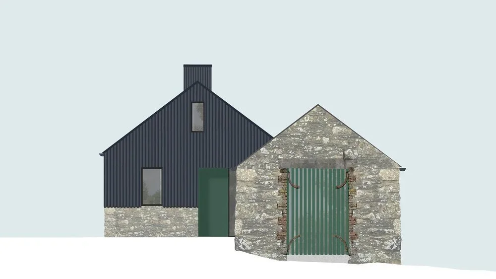 Elevation drawing of Bowjy Coth by COAL architecture showing a combination of corrugated metal cladding on a stone base and an adjacent rustic stone structure with a green door.