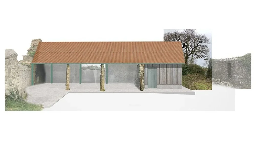 Elevation drawing and collage of Bowjy Coth by COAL architecture showing a long gabled shed with corrugated roof, stone pillars, and timber cladding.