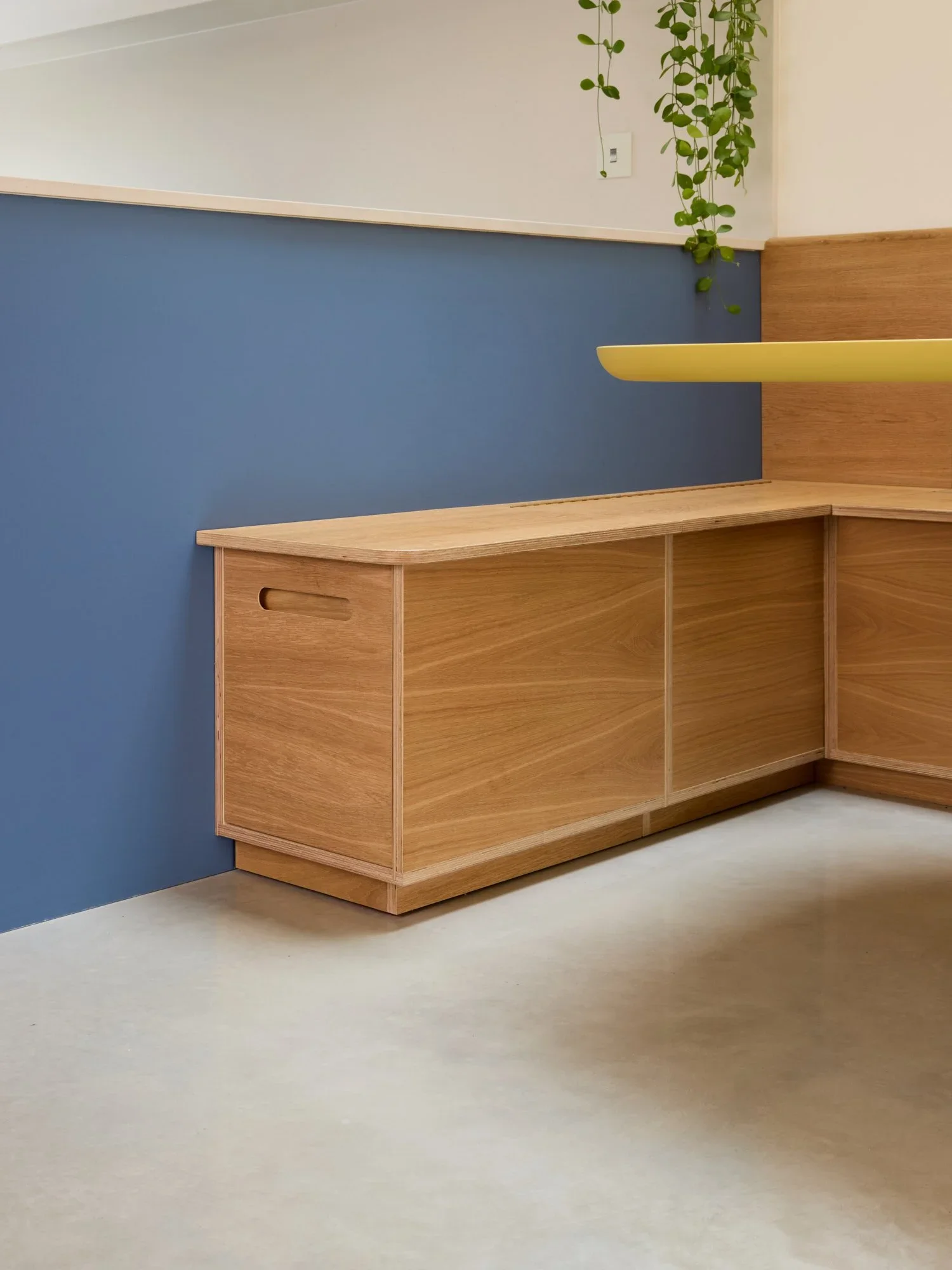Custom plywood built-in bench and cabinetry with integrated finger pulls by Lozi Designs against a blue accent wall.