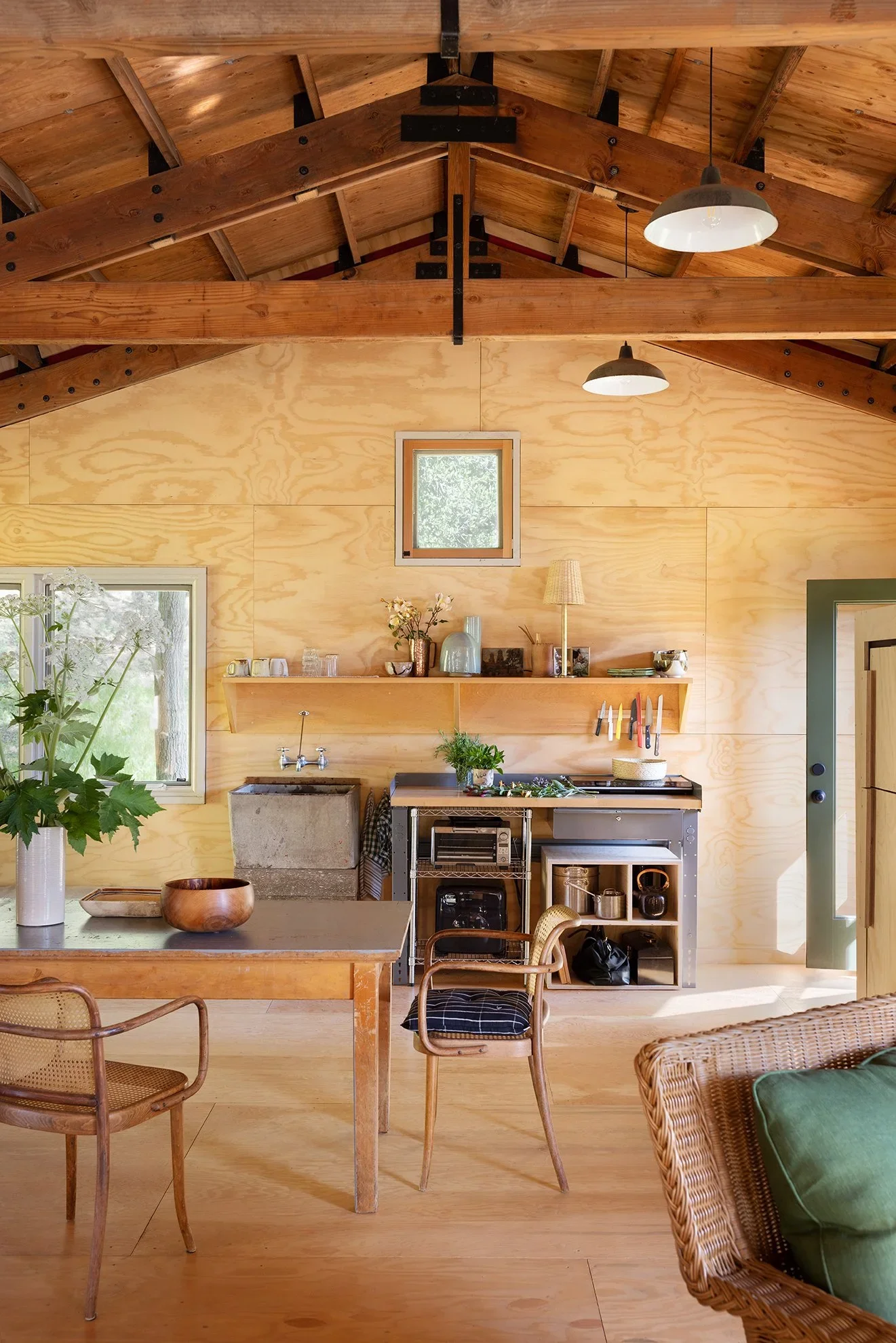 Interior timber cabin kitchen and dining area with exposed wood trusses and plywood walls by The Office of Charles de Lisle.