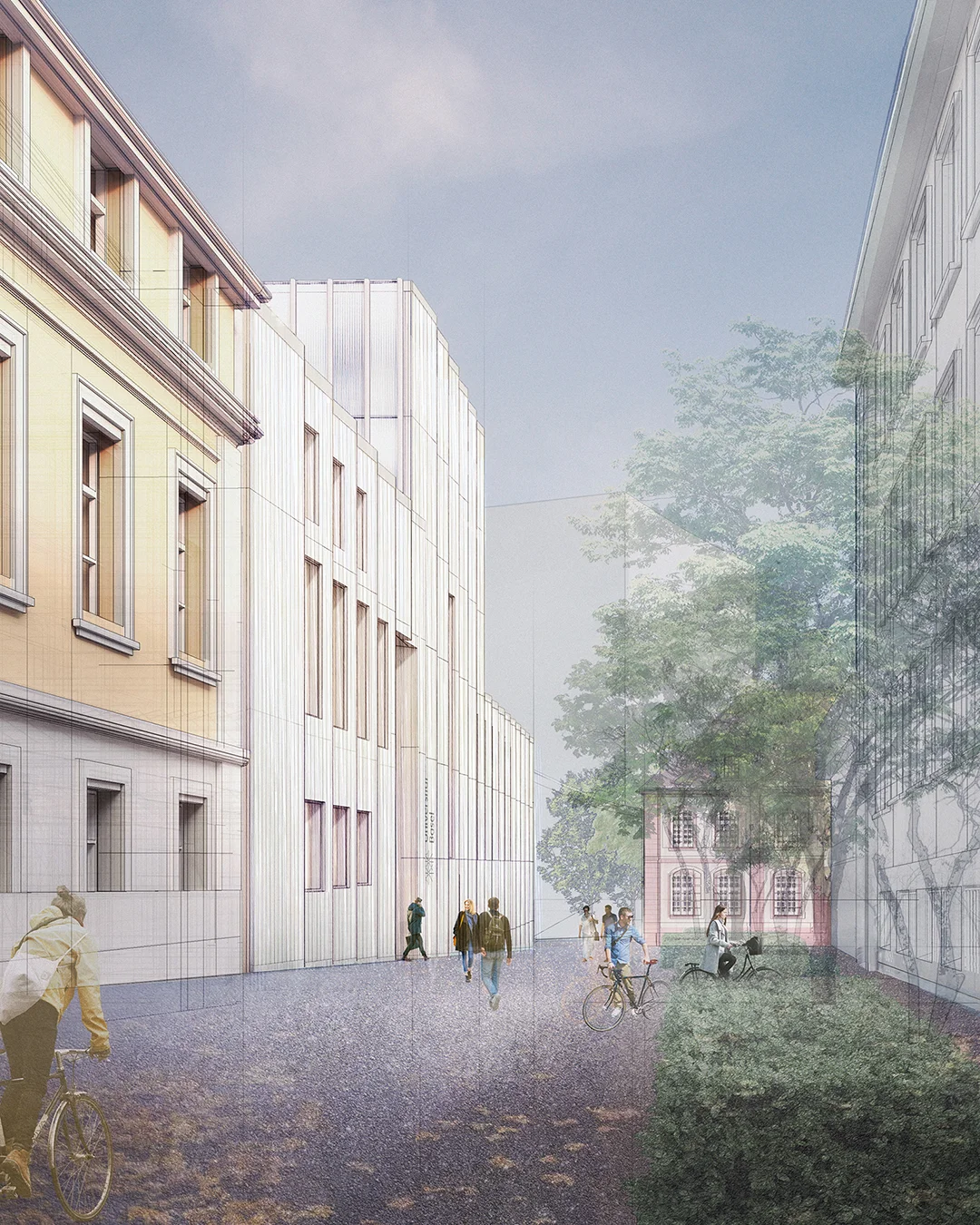 Perspective drawing and collage showing a contemporary infill building facade aligning with historic urban street walls.