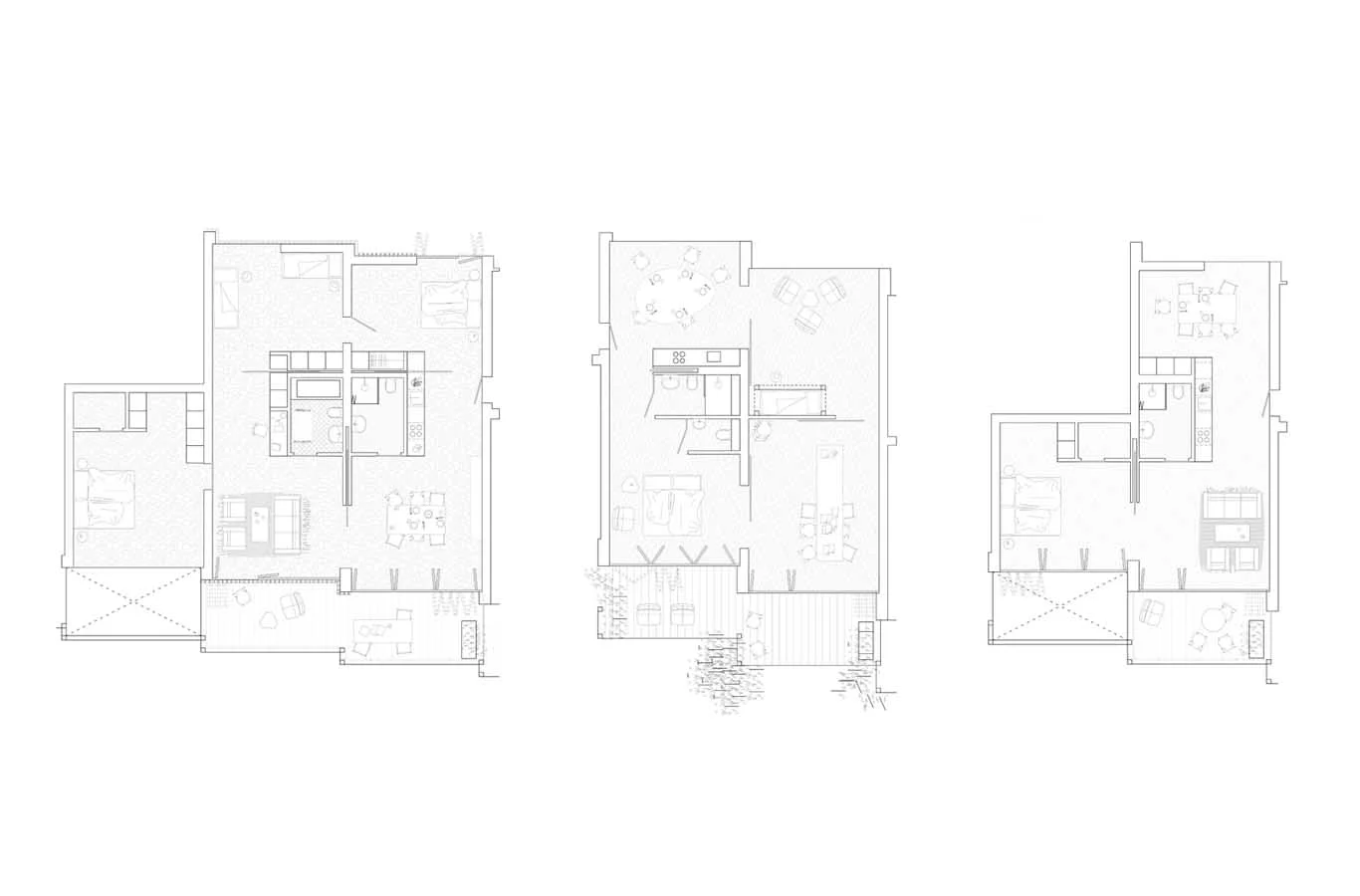 Three architectural floor plan diagrams showing flexible layouts by Zeller & Moye.
