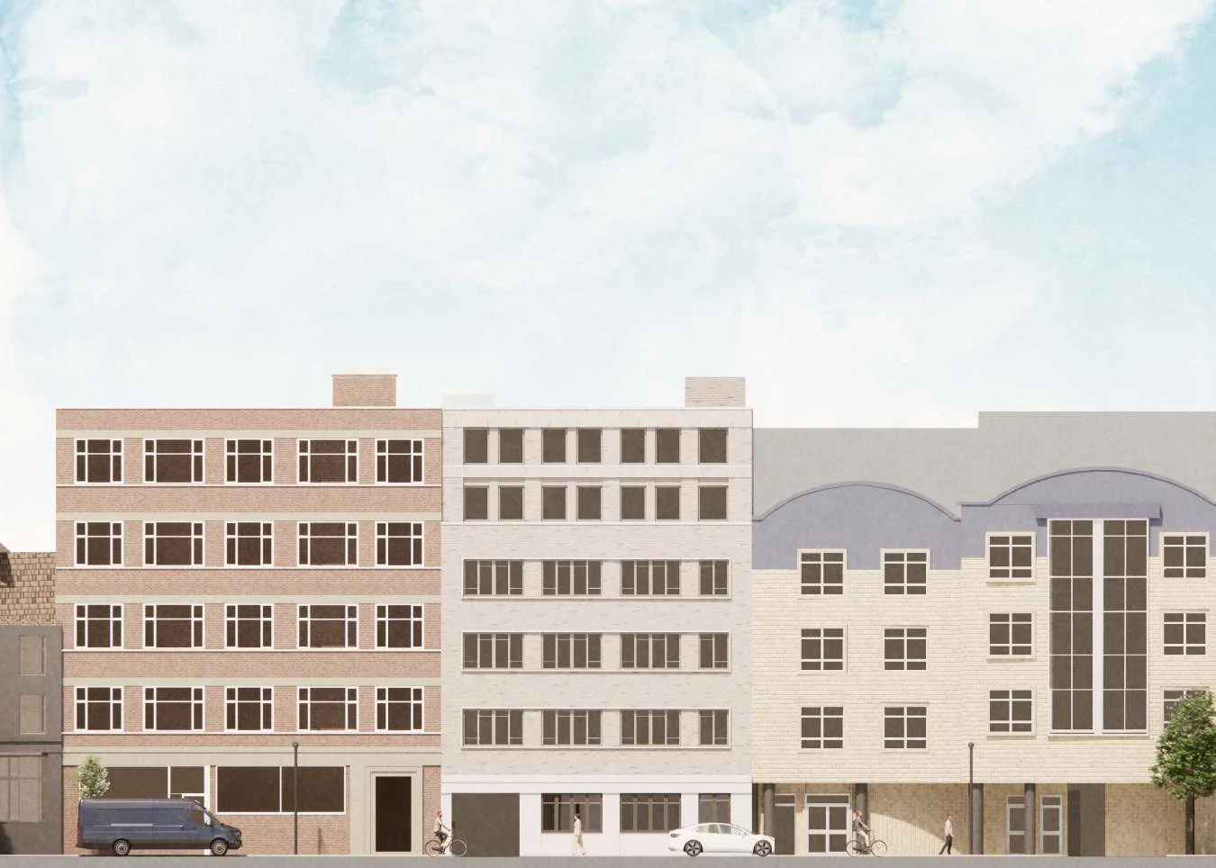 Architectural elevation drawing showing a row of three multi-story urban infill facades with varied brick and masonry tones by Dowen Farmer Architects.