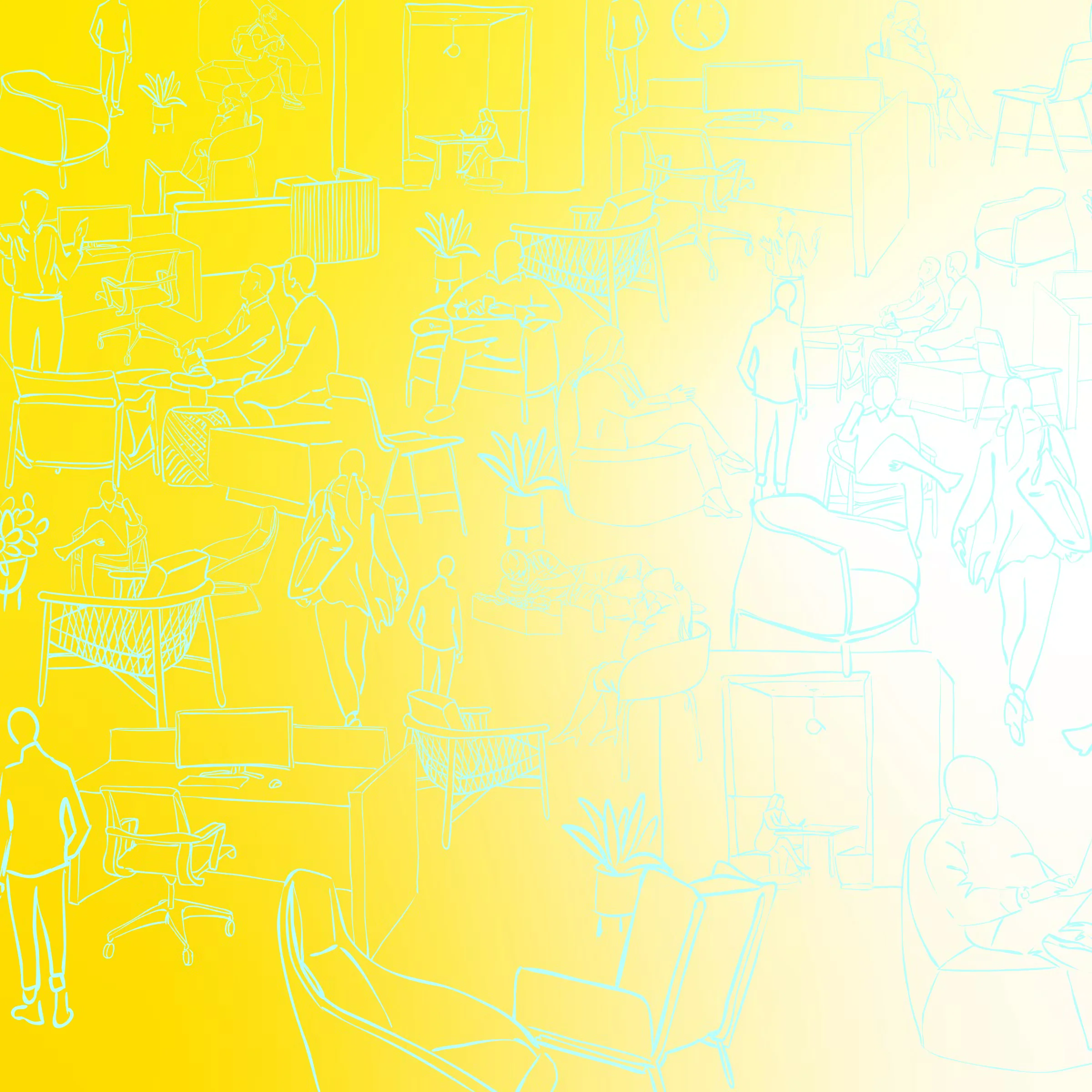 Conceptual line drawing of office workspaces, seating zones, and human activity by NBBJ against a vibrant yellow-to-white gradient background.