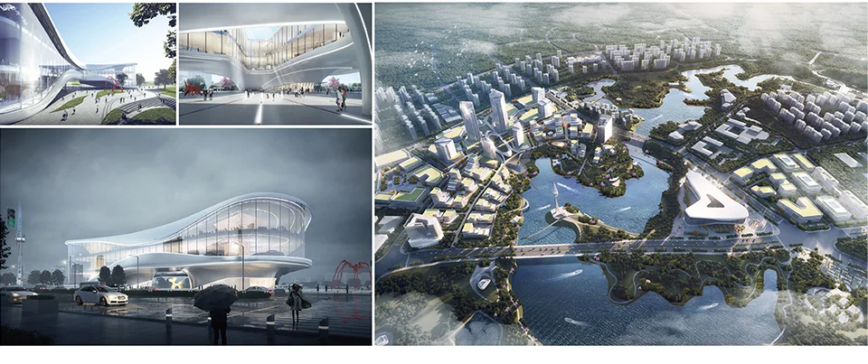 Composite architectural rendering showing master plan, exterior views, and interior spaces of a curving curvilinear complex by EDGE 一界设计.