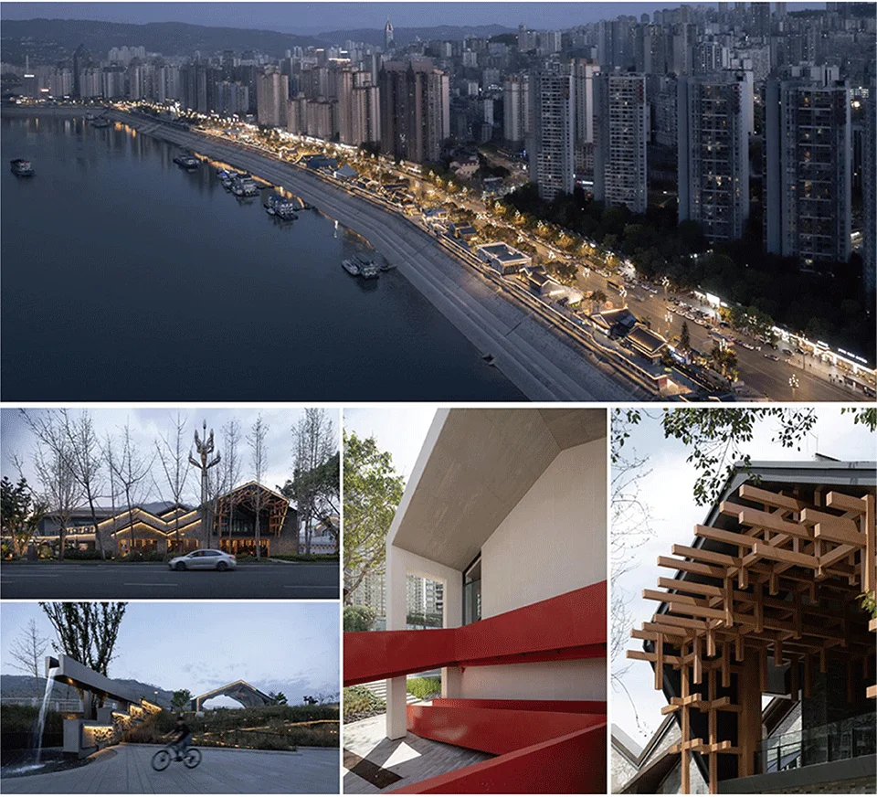 Composite photo showing aerial waterfront urban view and architectural details by EDGE 一界设计 in Chongqing.
