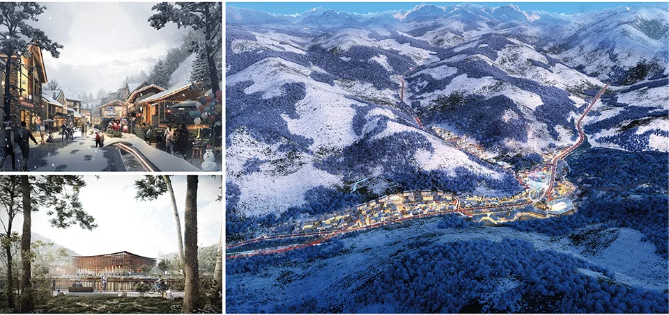 Composite rendering sheet by EDGE showing a large-scale alpine mountain resort master plan with aerial perspective and street-level vignettes.