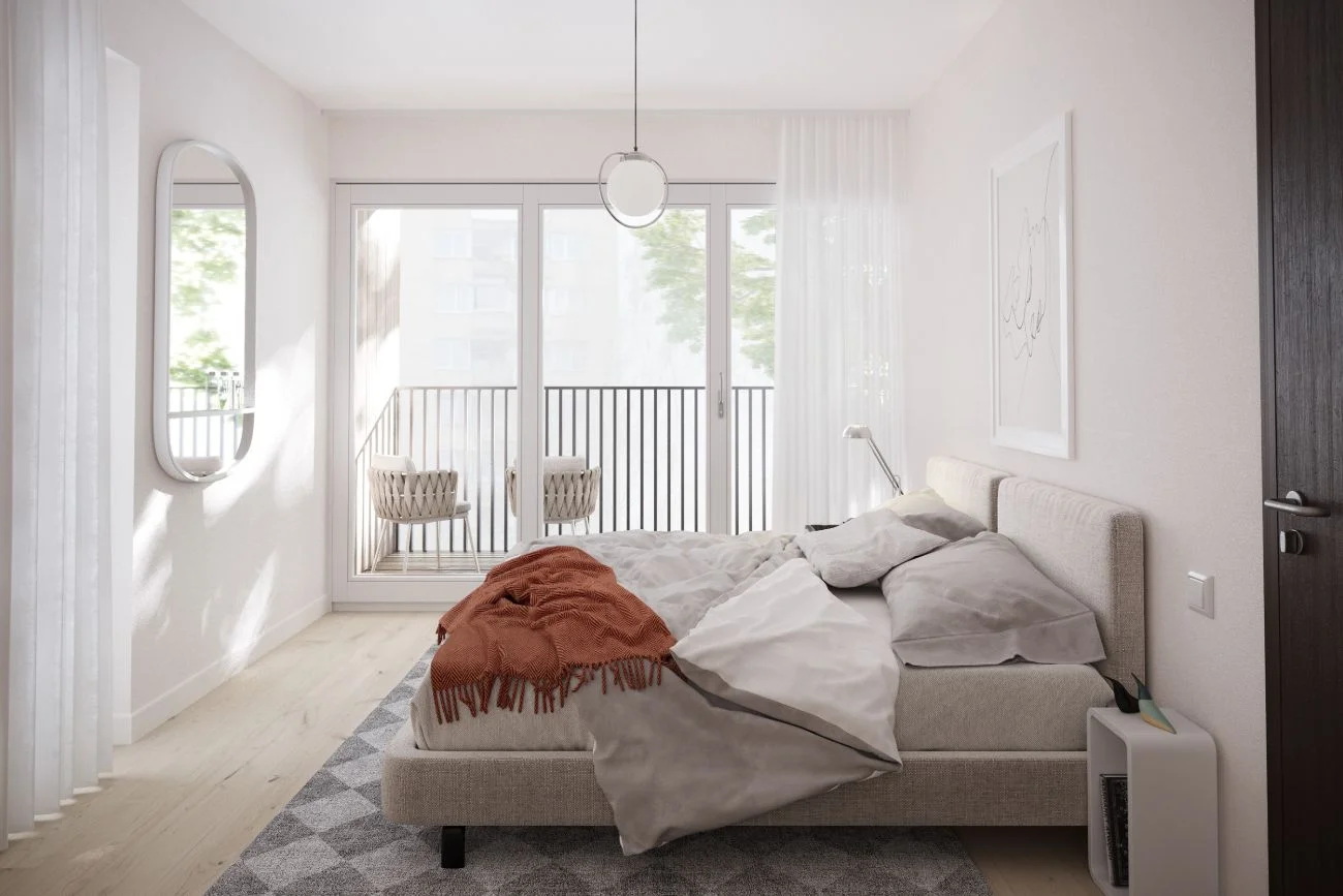 Neutral bedroom with light wood floors, upholstered bed, and balcony access by LOD朗奥建筑.