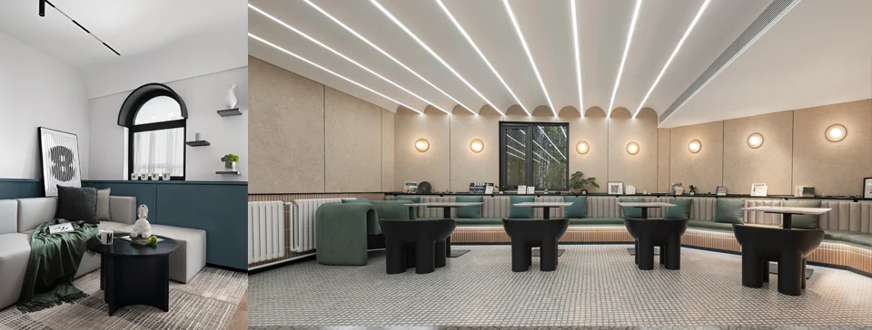 Interior public lounge and reception area by LOD朗奥建筑 featuring continuous linear cove lighting, textured wall paneling, and built-in banquettes.