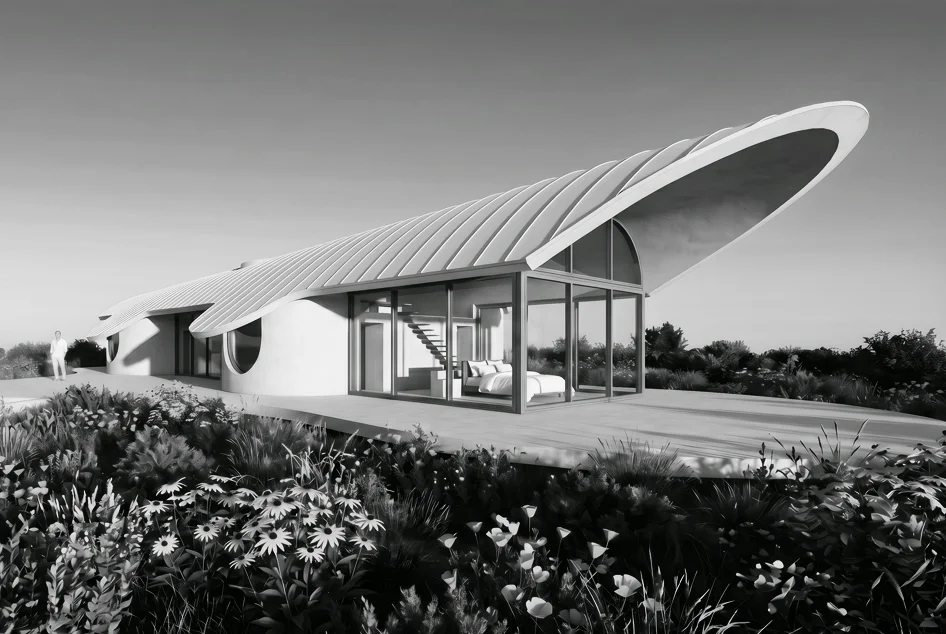 Exterior perspective of N House by zU-Studio showing a curved corrugated roof canopy, floor-to-ceiling glass, and organic plastered walls set in landscape.