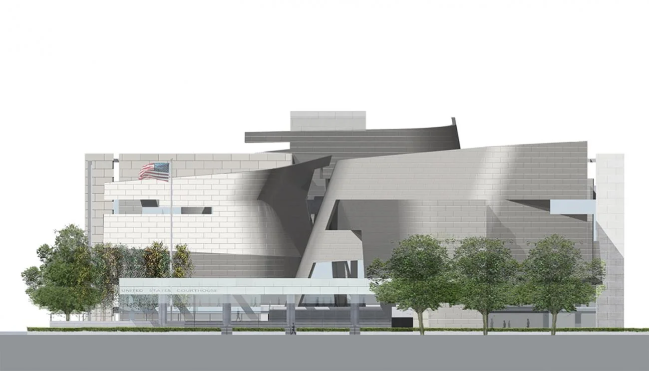 Architectural elevation rendering of the Wayne L. Morse United States Courthouse by Thom Mayne.