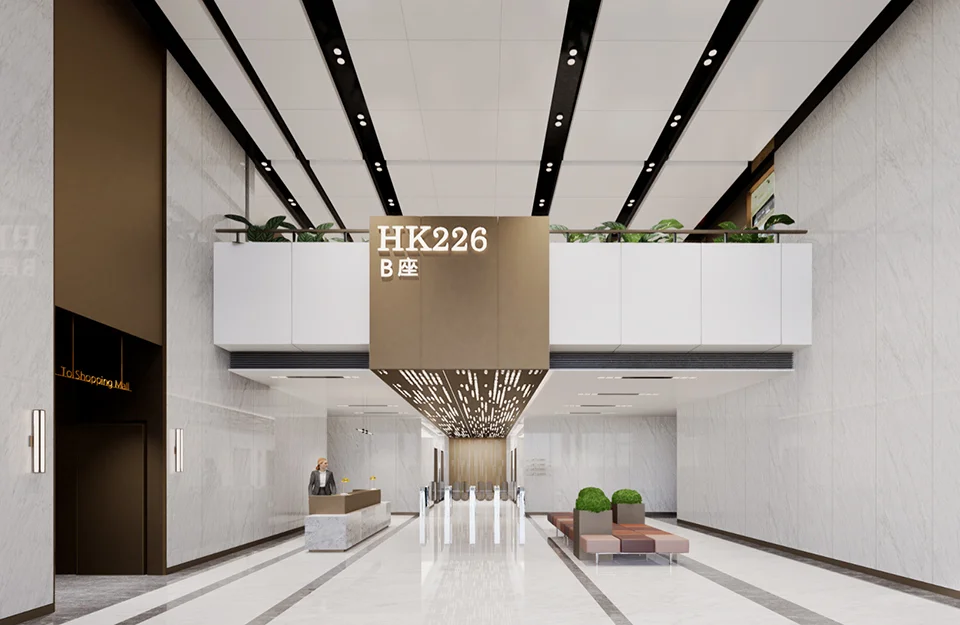 Double-height commercial lobby with marble walls, hanging bronze branding element, and mezzanine walkway by 榀阁空间设计.