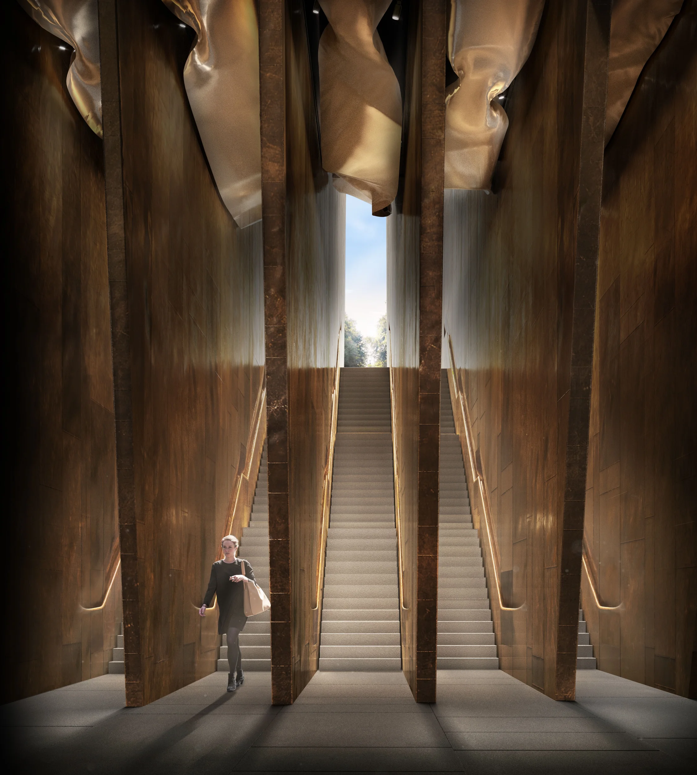 Monumental bronze vertical fin walls dividing grand symmetrical staircases by Ron Arad Studio.