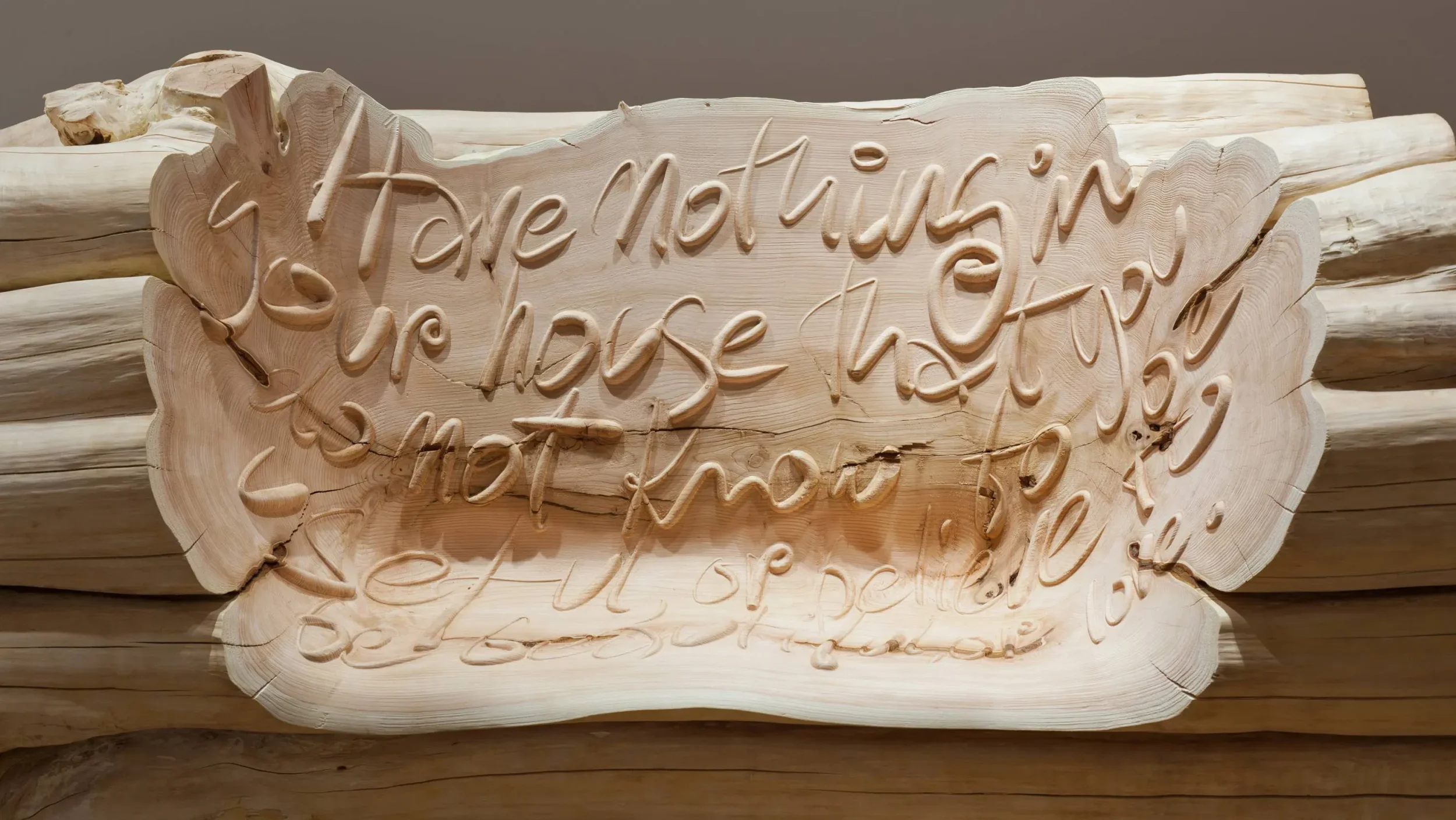 Close-up of a carved wooden log bench with carved cursive text by Ron Arad Studio.