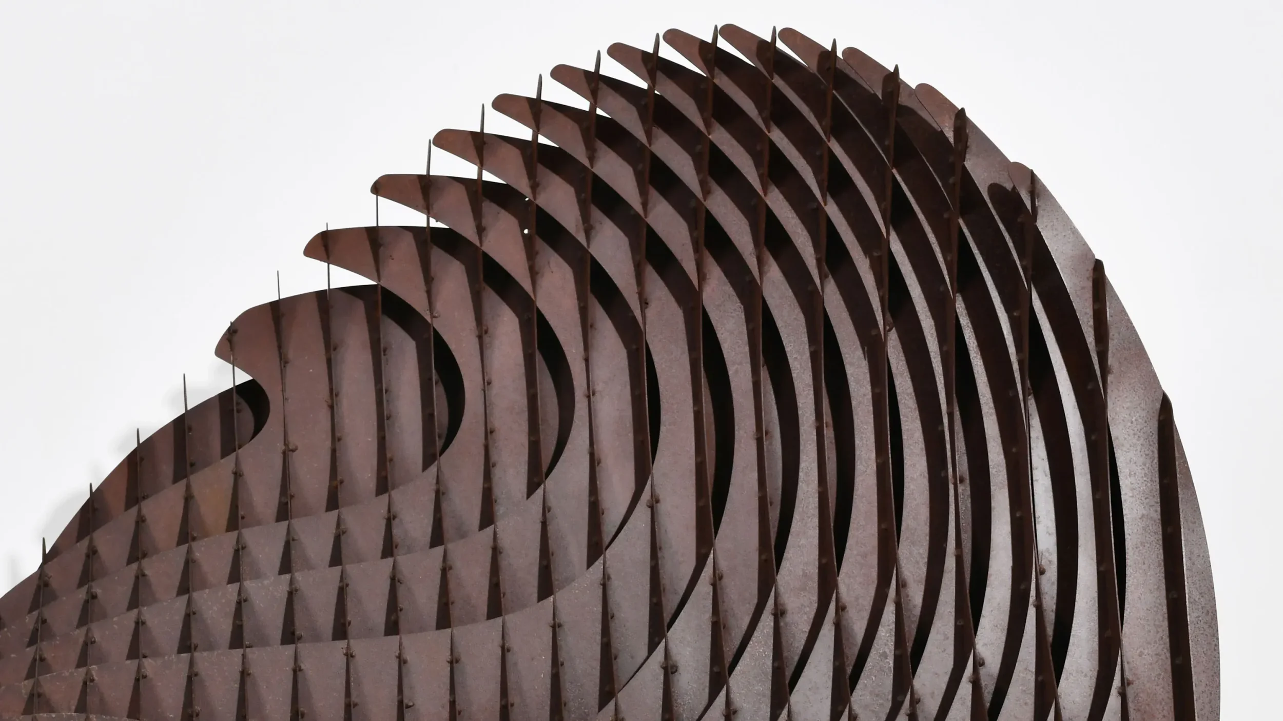 Detailed close-up of curving rusted steel fins with upright spikes by Ron Arad Studio.
