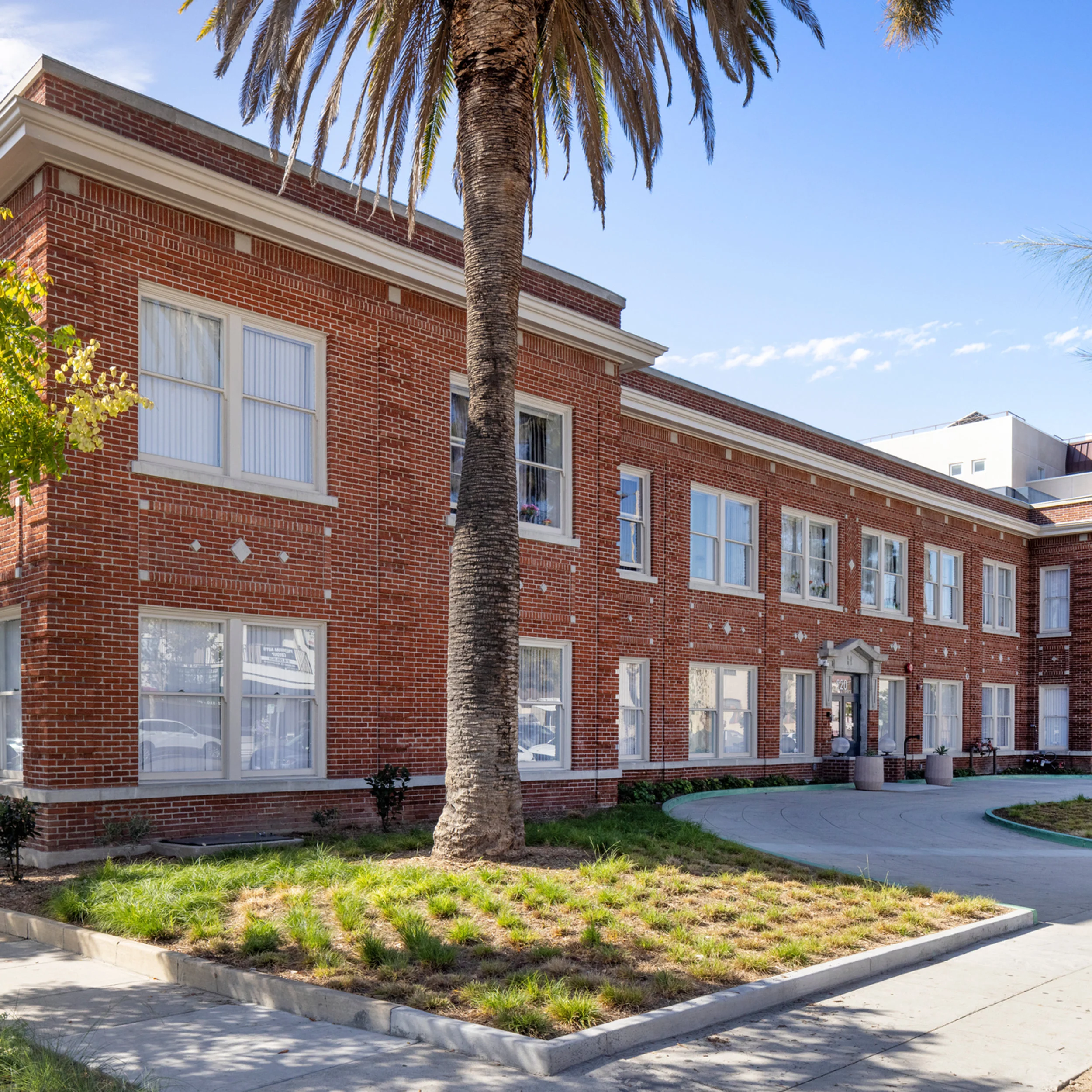 Exterior street facade of Harrower Village by Omgivning Architecture / Interior Design, featuring red brick masonry and a prominent palm tree in front.