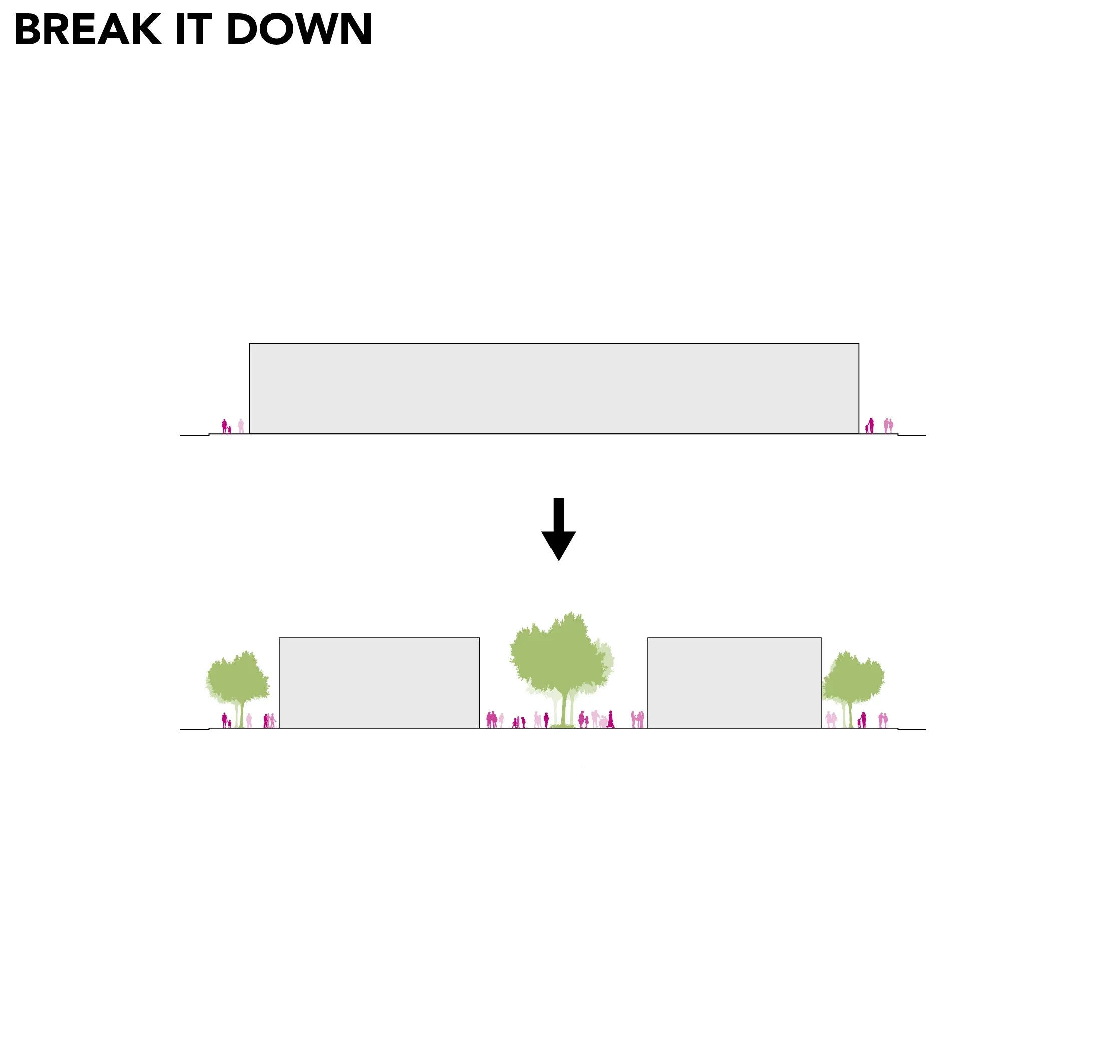 Architectural diagram by Otherworks showing massing broken down into smaller volumes with landscape separation.