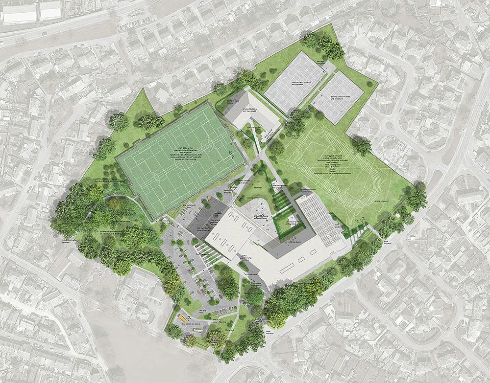 Masterplan site diagram by ONE Environments showing a school campus layout with athletic fields, courts, and surrounding contextual residential fabric.