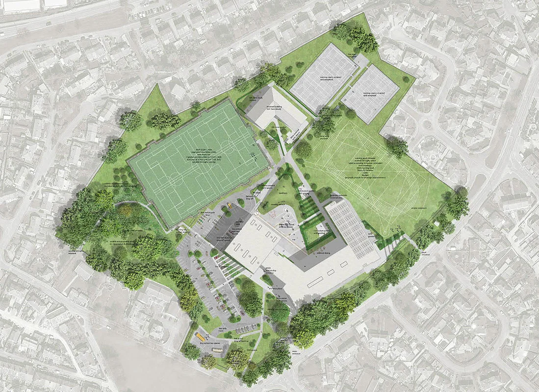 Site master plan diagram by ONE Environments showing school buildings, athletic fields, parking, and surrounding neighborhood fabric.
