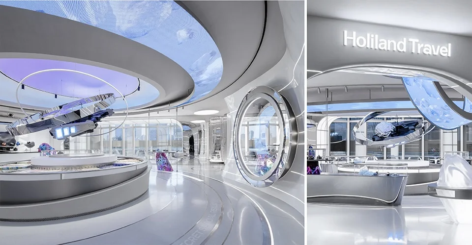 Futuristic white interior of Holiland Travel store by SLT featuring curved glossy surfaces and suspended mechanical installations.