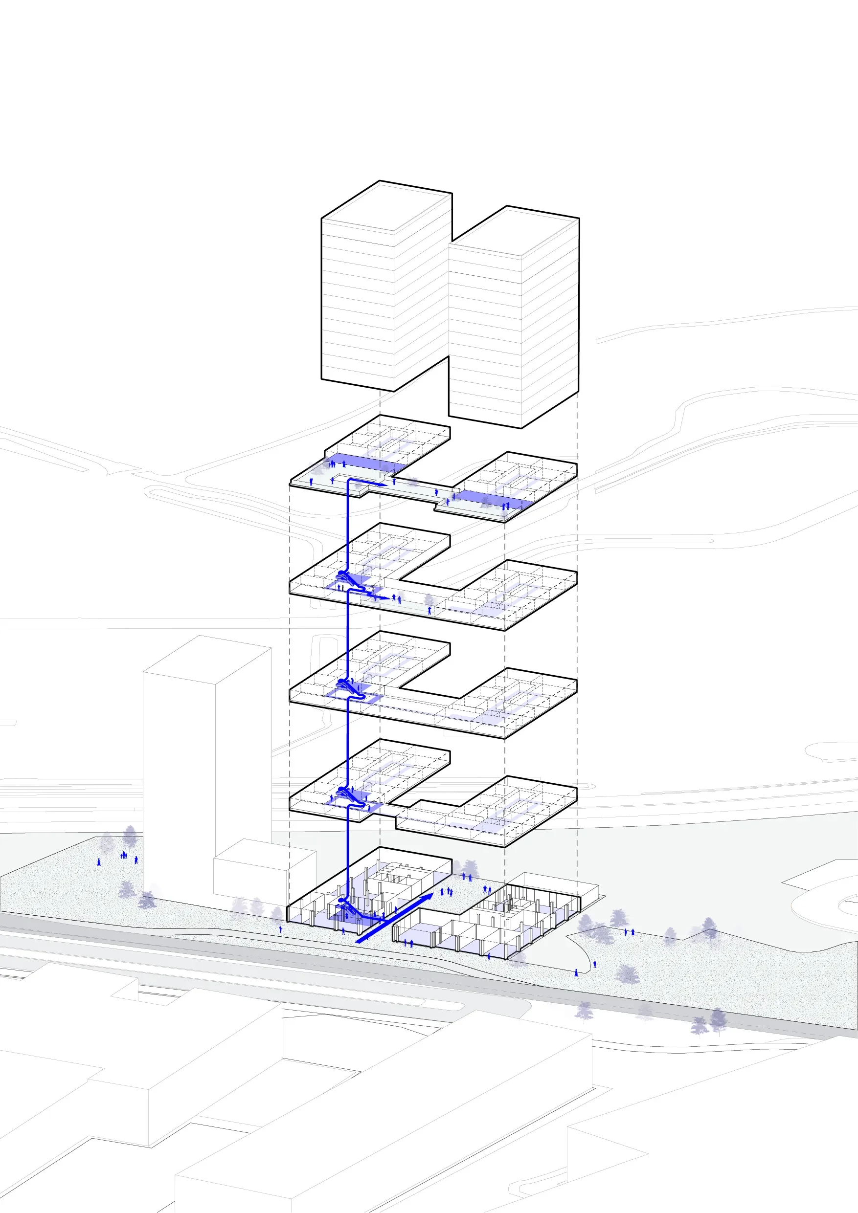 Exploded axonometric diagram by Superimpose Architecture showing vertical circulation and floor plates of a multi-level tower complex.